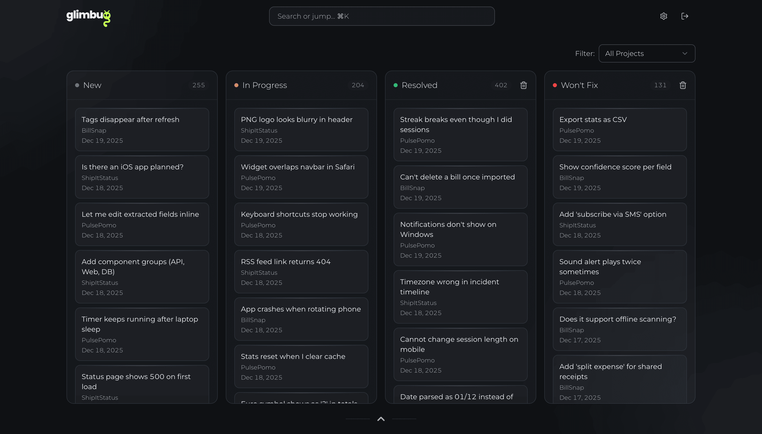 Beta testing dashboard showing feedback overview with bug tracking and project management